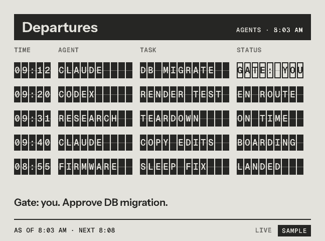 Agent departures, printed with sample data