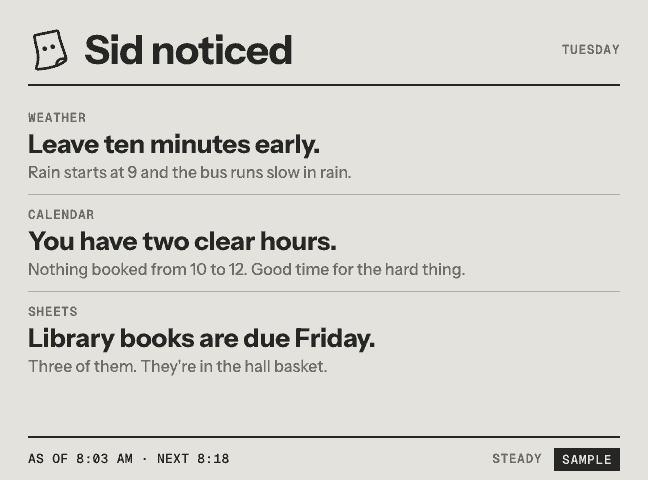 Sid noticed, printed with sample data