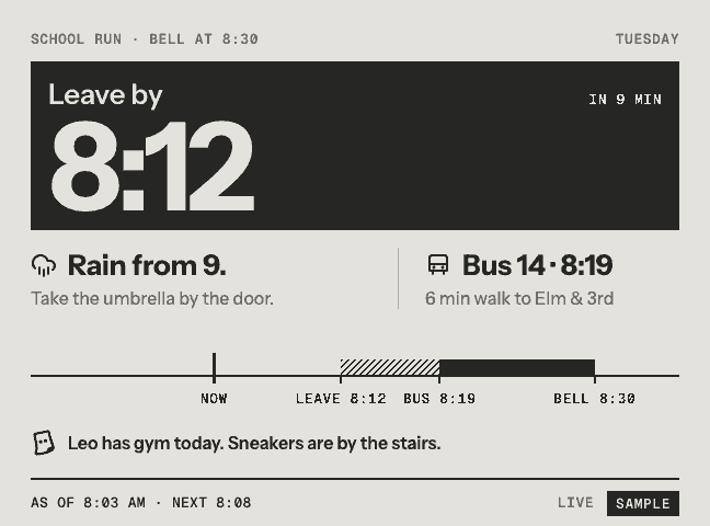 Leave by, printed with sample data